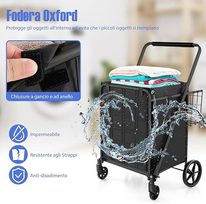 Carrello Portaspesa Pieghevole con Sacca, Carrello della Spesa Pieghevole con Ruote Girevoli a 360°, 2 Cesti, Capacità di Carico: 150 kg, 126 L, 66 x 64 x 103 cm (Nero)