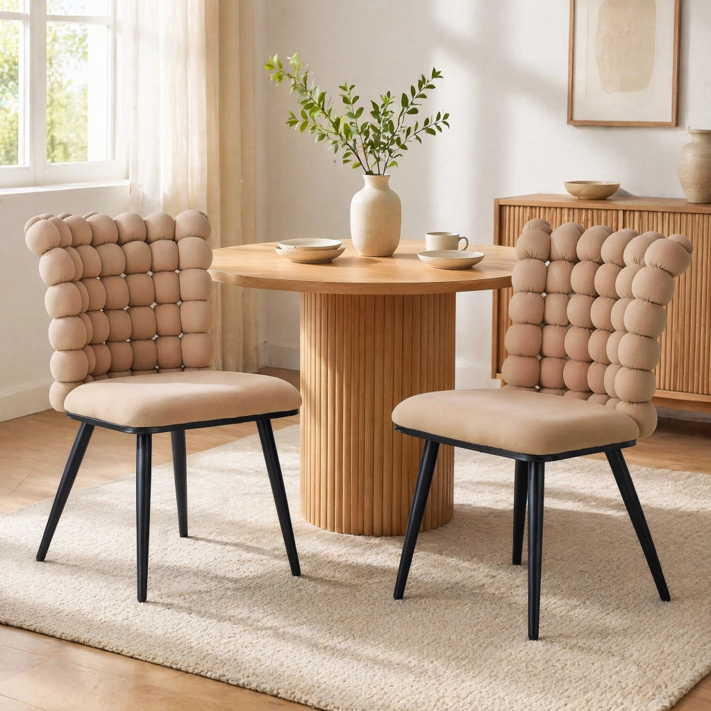 Sedia da Pranzo con Schienale a Catena di Sfere, Design Moderno, in Velluto e Metallo, Cammello