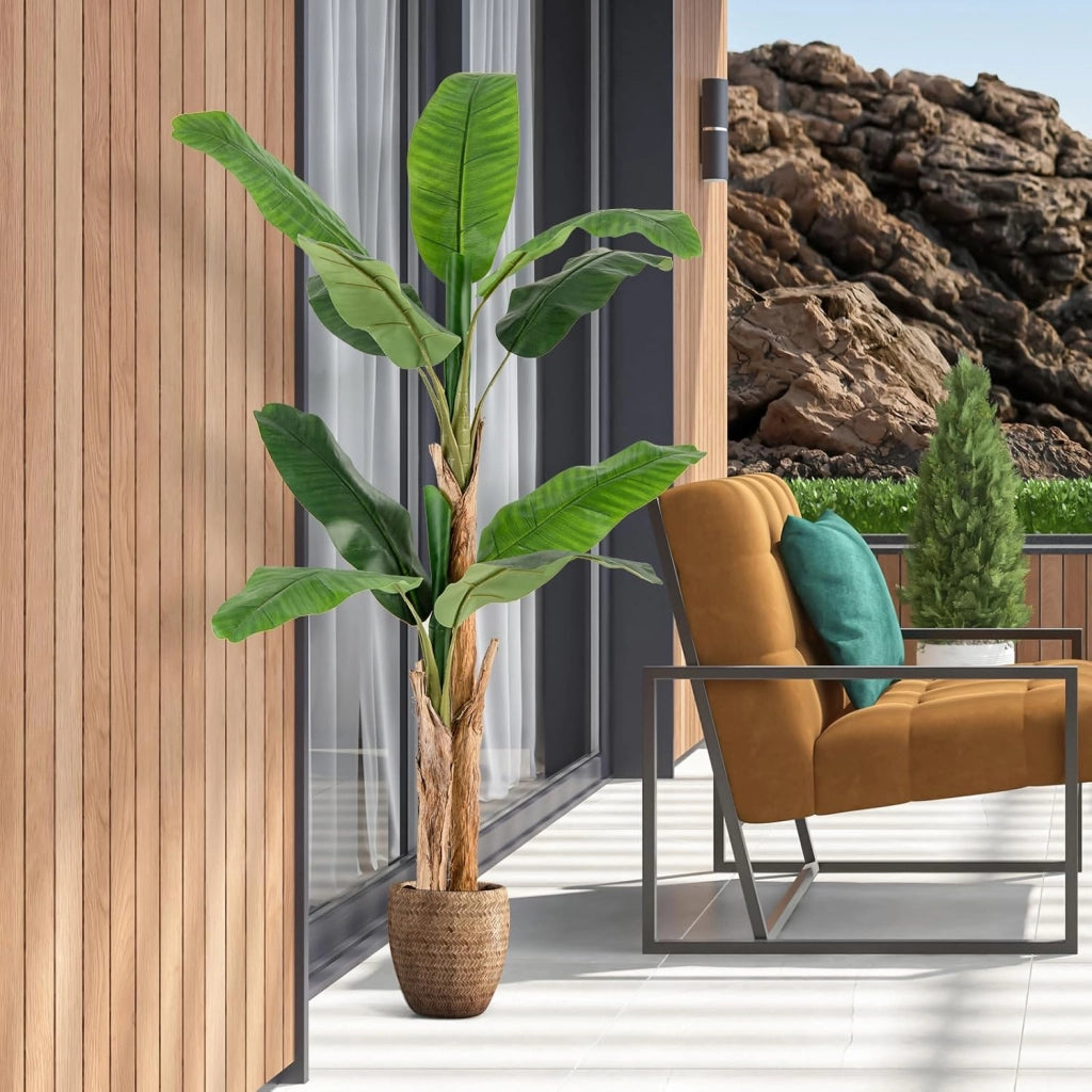 Albero di foglie di banana artificiale con vaso di fiori finti per decorazione interna, pianta tropicale, decorazione per ingresso, soggiorno, balcone, ufficio, 165 cm