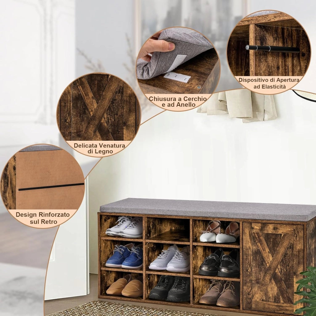 Panca Scarpiera da Ingresso, Scarpiera con Seduta Imbottito, 9 Scomparti e Armadio con Ante, Panca Contenitore con Ripiani Regolabili, per Camera da Letto Corridoio, 110,5x30x49 cm (Marrone)