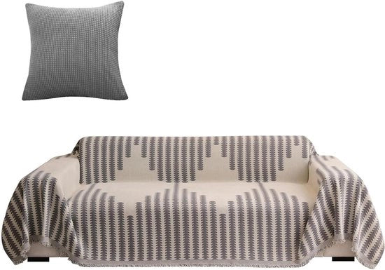 Sofa deken per 2-3/4 posti - Tela di cotone - Lavabile - Antiscivolo - Resistente alla sporcizia - Cappuccio di cuscino con frange - 180 x 300 cm - Strisce grigie