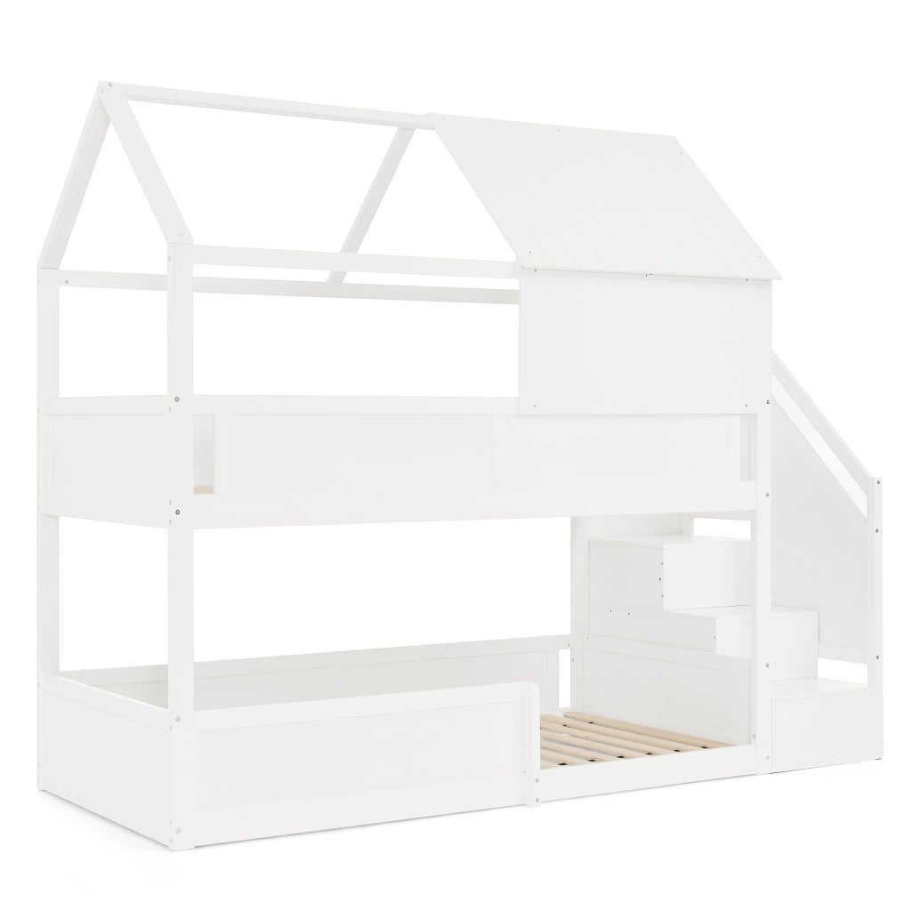 Letto a Castello Letto Singolo con Scaletta e Tetto in Legno Massello; White