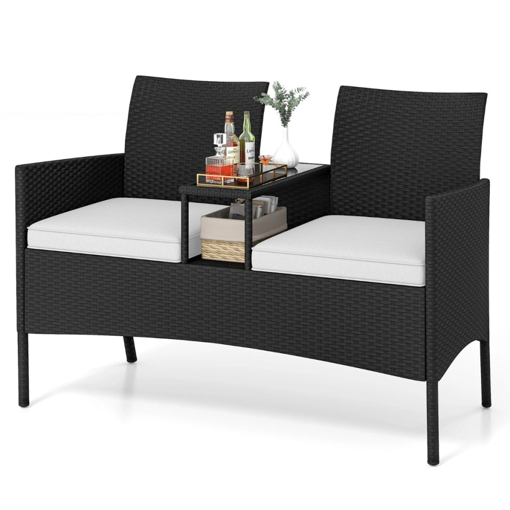 Divano da esterno con tavolino integrato, Mobile in rattan per 2 persone con cuscini e piano in vetro temperato Bianco-Set mobili da esterno