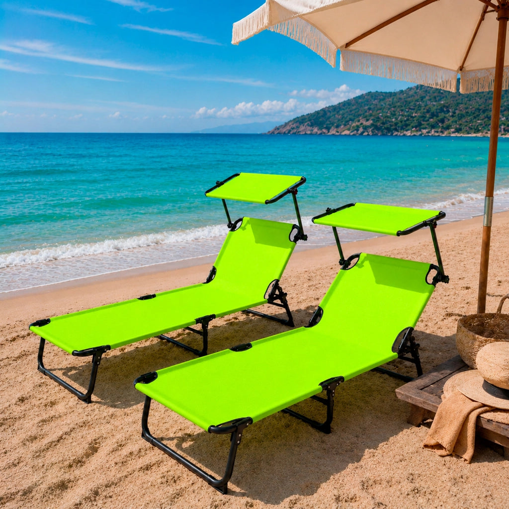 Lettini Mare Pieghevoli Set Da 2 Traspirante Con Schienale Reclinabile E Tettuccio Parasole Regolabile Ideali Per Spiaggia Giardino Campeggio Relax Estivo 24 X 187 X 53 Cm Verde Fluo