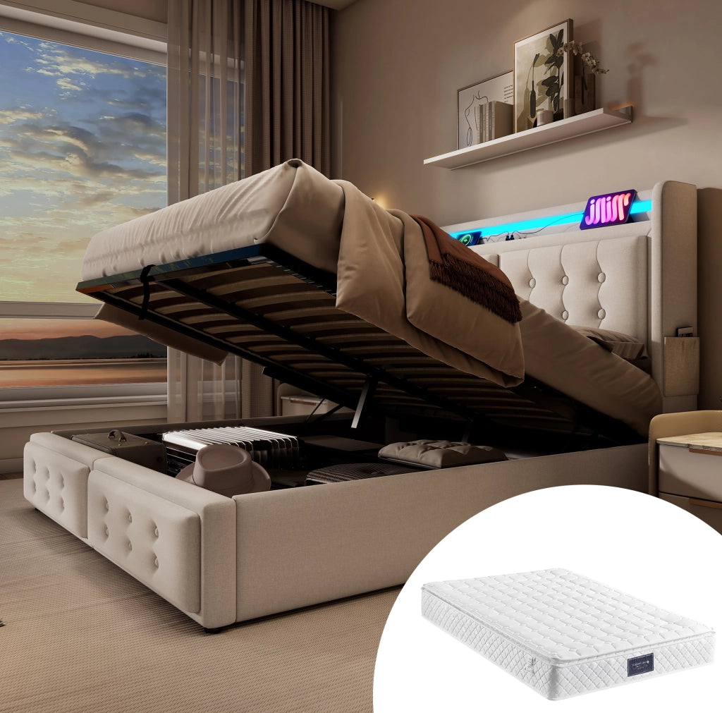 Letto matrimoniale 160x200 cm in cotone e lino con LED; USB-C e contenitore; beige