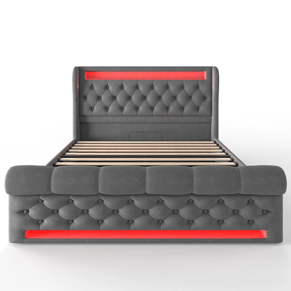 Letto matrimoniale-Xylo-140x200 cm-LED, USB-C, idraulico, con materasso, velluto grigio