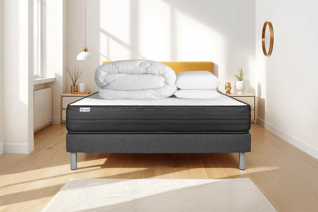 Pacchetto letto completo - Materasso 140x200cm + Box spring con doghe (in kit) + 2 cuscini + Piumino - Vitalpower