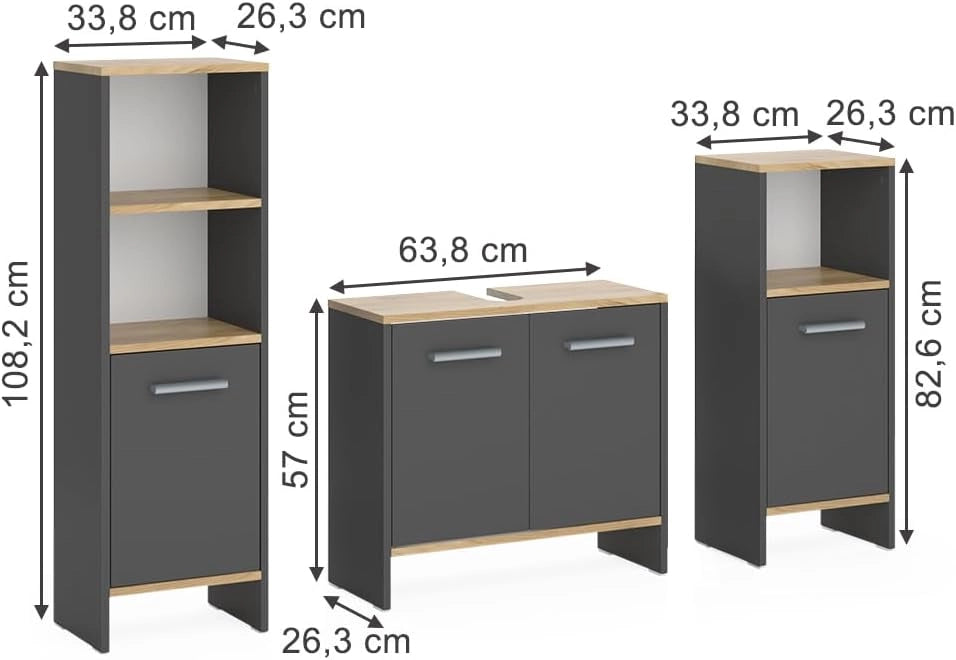 Set di mobili da bagno Karli, Antracite/quercia dorata, 3 pezzi