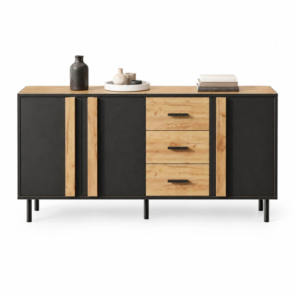 Credenza moderna 140x35x70 cm in MDF con 3 ante e 3 cassetti; nero e legno