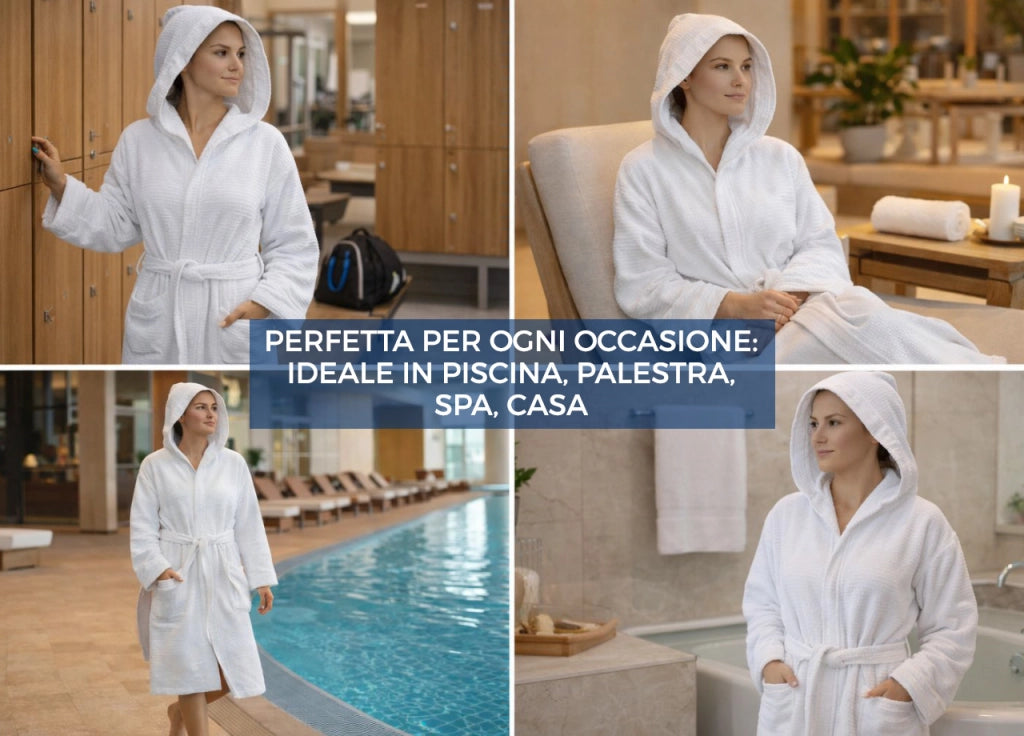 Accappatoio Con Cappuccio In Morbida Spugna Mod. Boutique Tinta Unita Perla - M-L - Perla