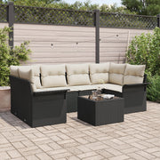 Set Divano da Giardino da 7 Pezzi con Cuscini Nero Polyrattan