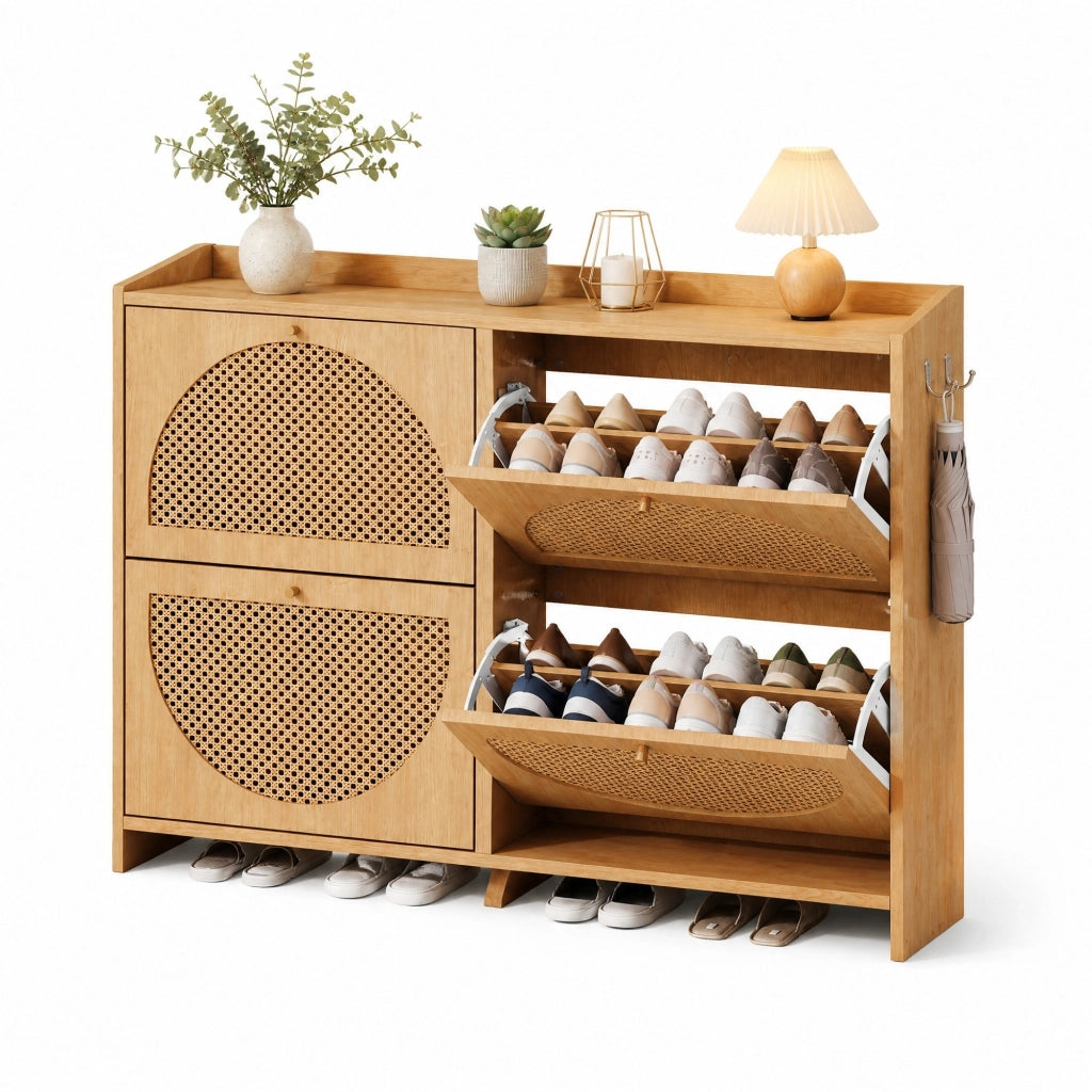 Scarpiera con 4 ante e 8 vani; 2 ganci - per ingresso - 120×24×90 cm - MDF - naturale