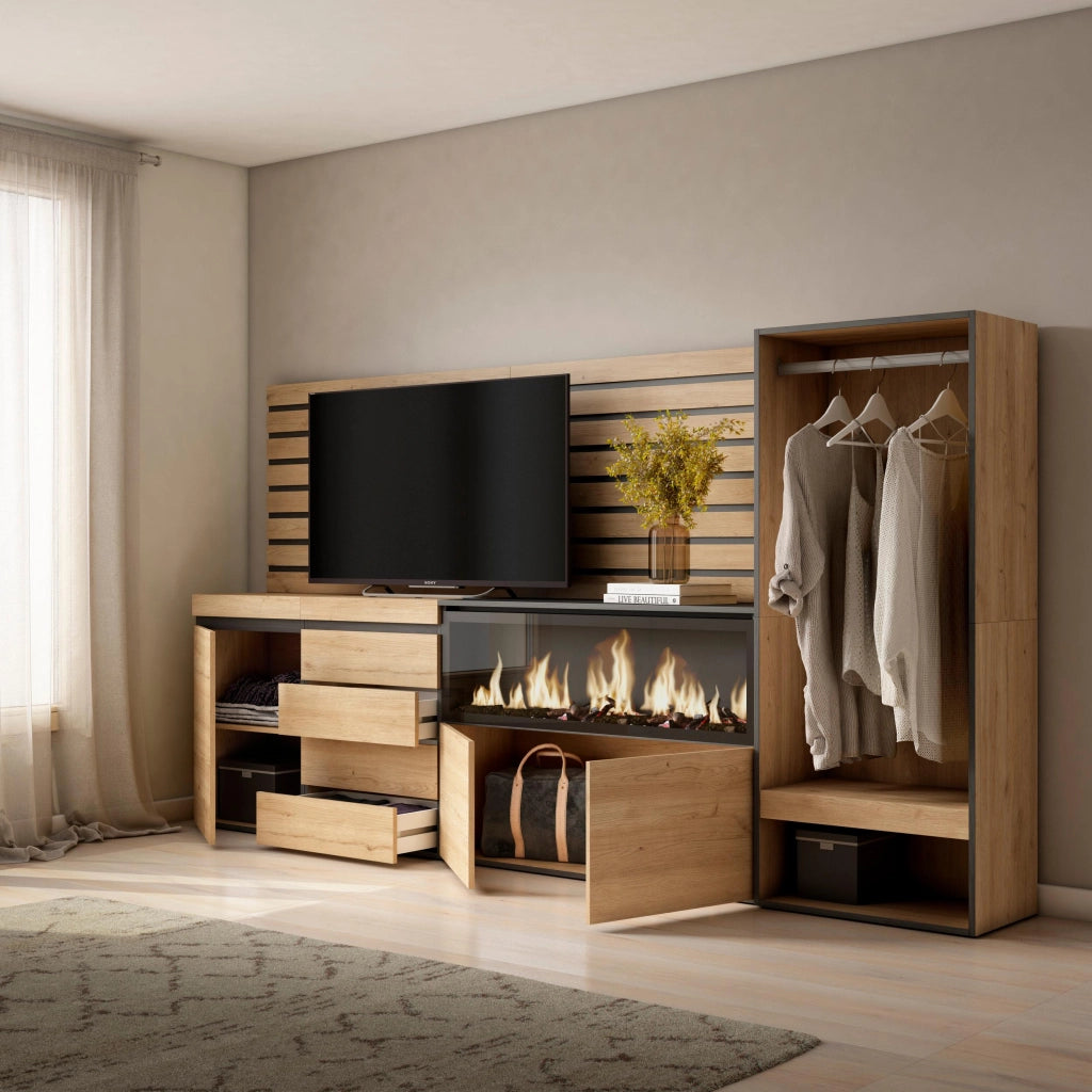 Credenza, 274x35x145cm, Camera da letto, Camino elettrico XXL, Cassettiera, Armadio Aperto, colore Rovere RF3399