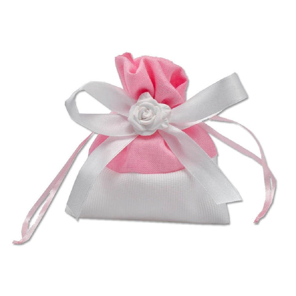 Trade Shop - 12 Sacchetti Stoffa Porta Confetti Rosa Bianca Matrimonio Battesimo Bomboniera -