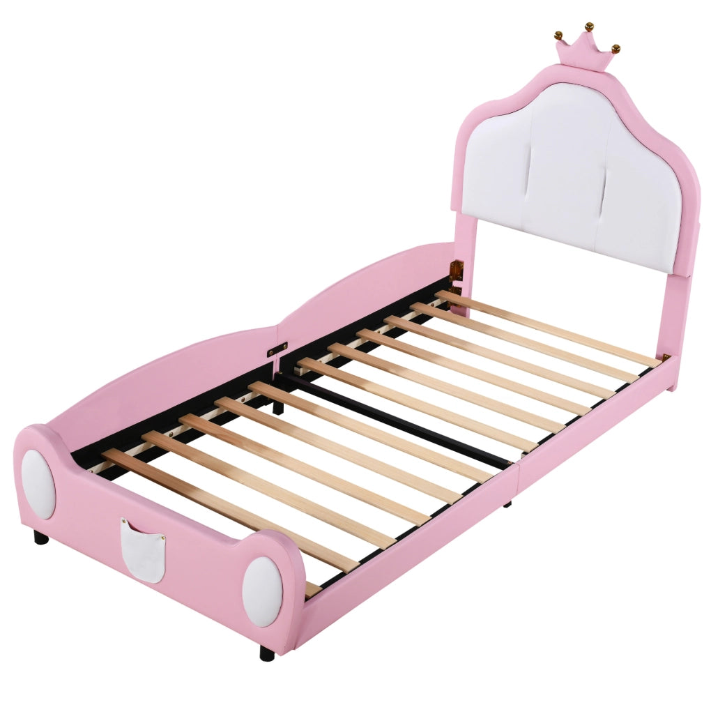 Letto singolo imbottito ULEVR 90x200 cm con testiera a corona, similpelle rosa e bianca