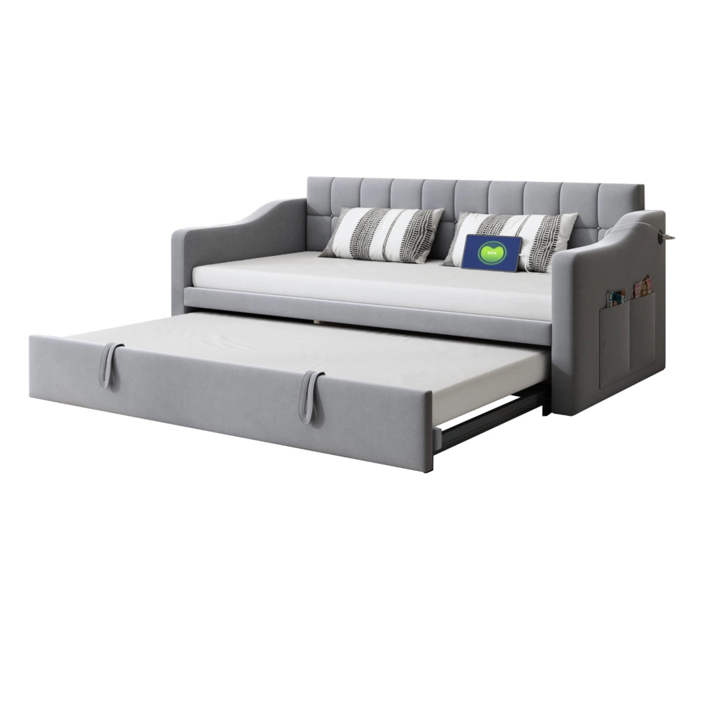 Letto imbottito estraibile 90x190 cm in velluto grigio chiaro con porte USB