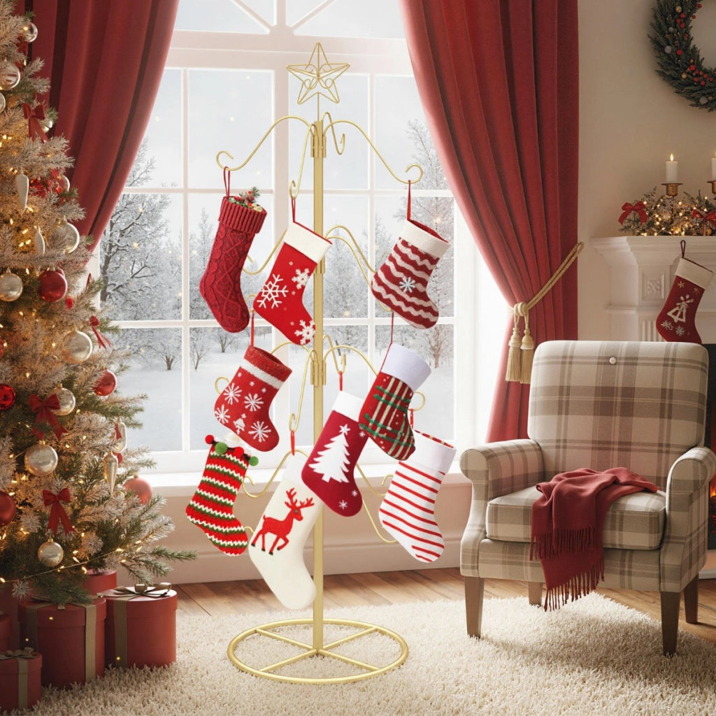 Albero espositivo con 16 ganci appendi oggetti e stella in punta per feste, Porta calze di natale per decorazioni Oro