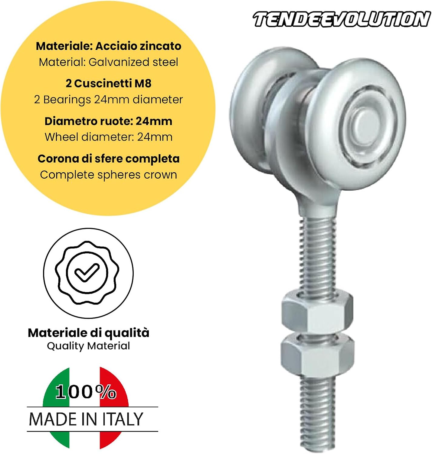 Carrello Regolabile a 2 Cuscinetti M8 in Acciaio Zincato per Binario Monorotaia MR3 - Ruote Ø24mm - Corona di Sfere Completa - Robusto & Affidabile