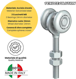 Carrello Regolabile a 2 Cuscinetti M8 in Acciaio Zincato per Binario Monorotaia MR3 - Ruote Ø24mm - Corona di Sfere Completa - Robusto & Affidabile