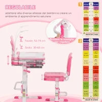 Set Scrivania per Bambini 6-12 Anni con Sedia Regolabile in Altezza, Cassetto, Luce e Piano Inclinabile, Rosa