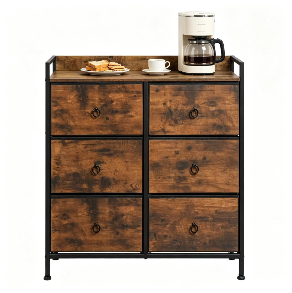 Cassettiera 80x29x78 cm in legno e metallo, marrone e nero, 6 cassetti –