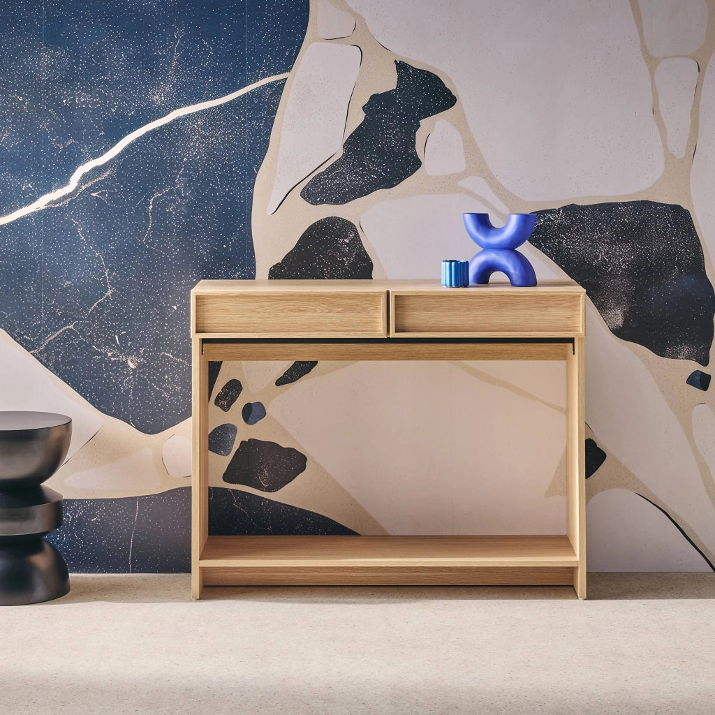 Console effet legno 2 cassetti e ripiano, 100cm, marrone naturale