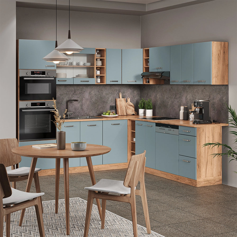 Vicco Cucina angolare completa Rovere blu-grigio/oro 237 x 60 cm senza piano di lavoro