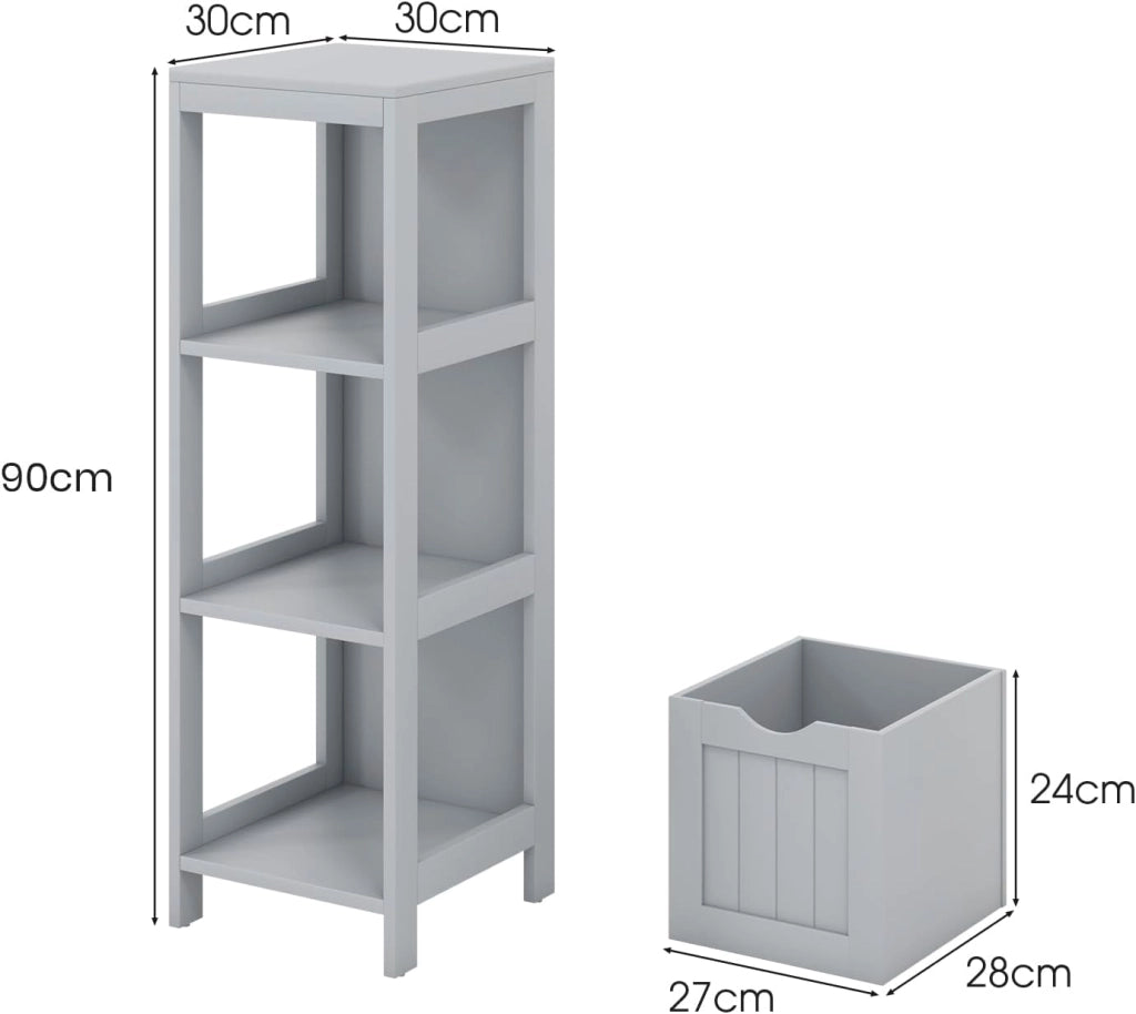 Mobile Bagno Stoccaggio a 3 Livelli, Colonna Bagno Cassettiera Armadio con Mensola Aperta e 2 Cassetti, Armadio su Piede per Soggiorno, Cucina, WC, 30 x 30 x 90 cm (Grigio)