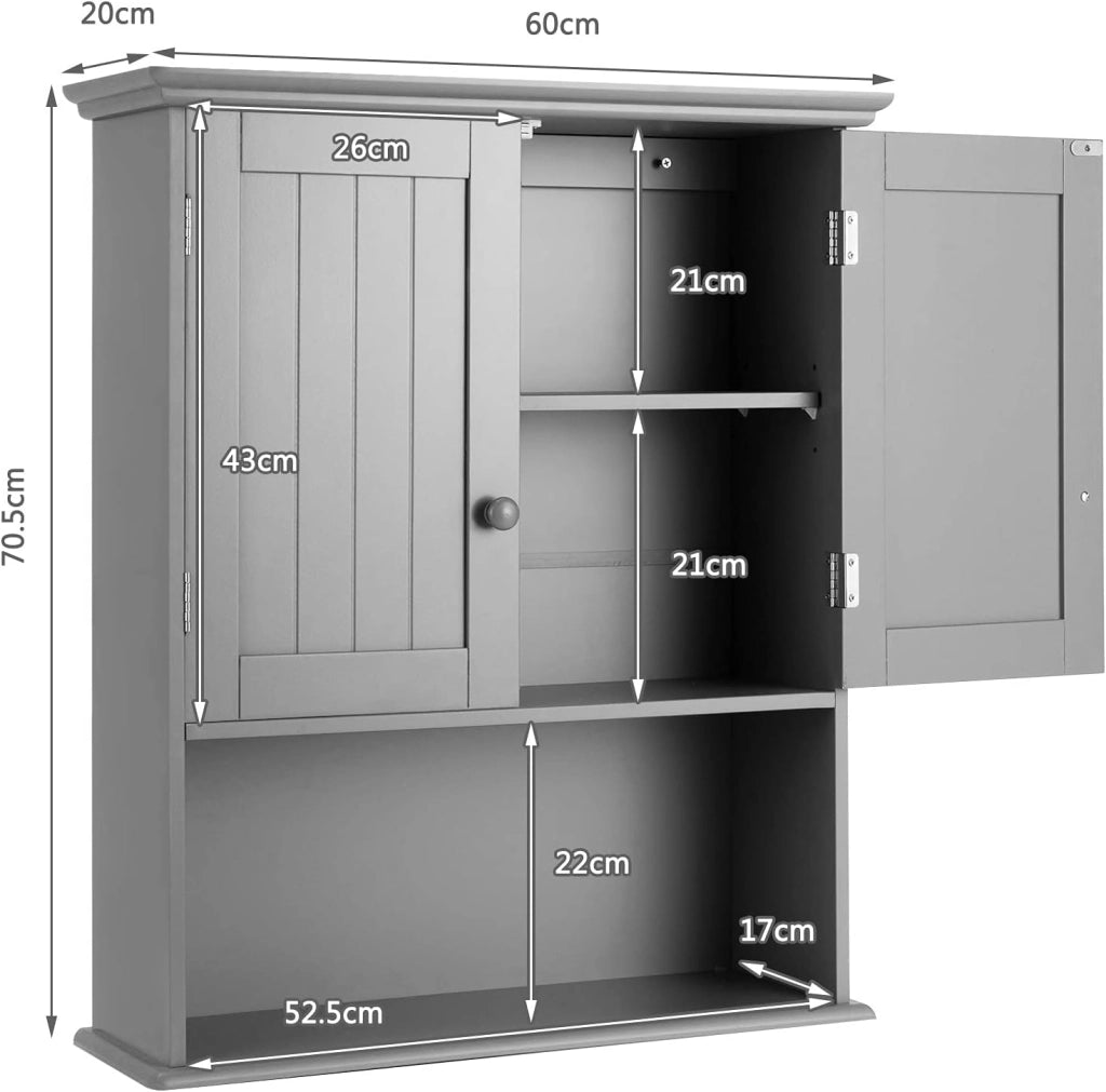 Mobiletto Pensile da Bagno, Mobile Armadietto Bagno sospeso con 2 Porte, Armadietto a Muro delle Medicine, Mensola Regolabile, Capacità di 30 kg (Grigio)