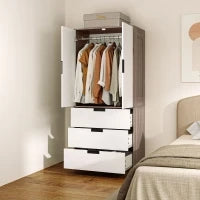 Armadio 2 Porte, Armadio Moderno Con 3 Cassetti E Asta Per Camera Matrimoniale, Marrone