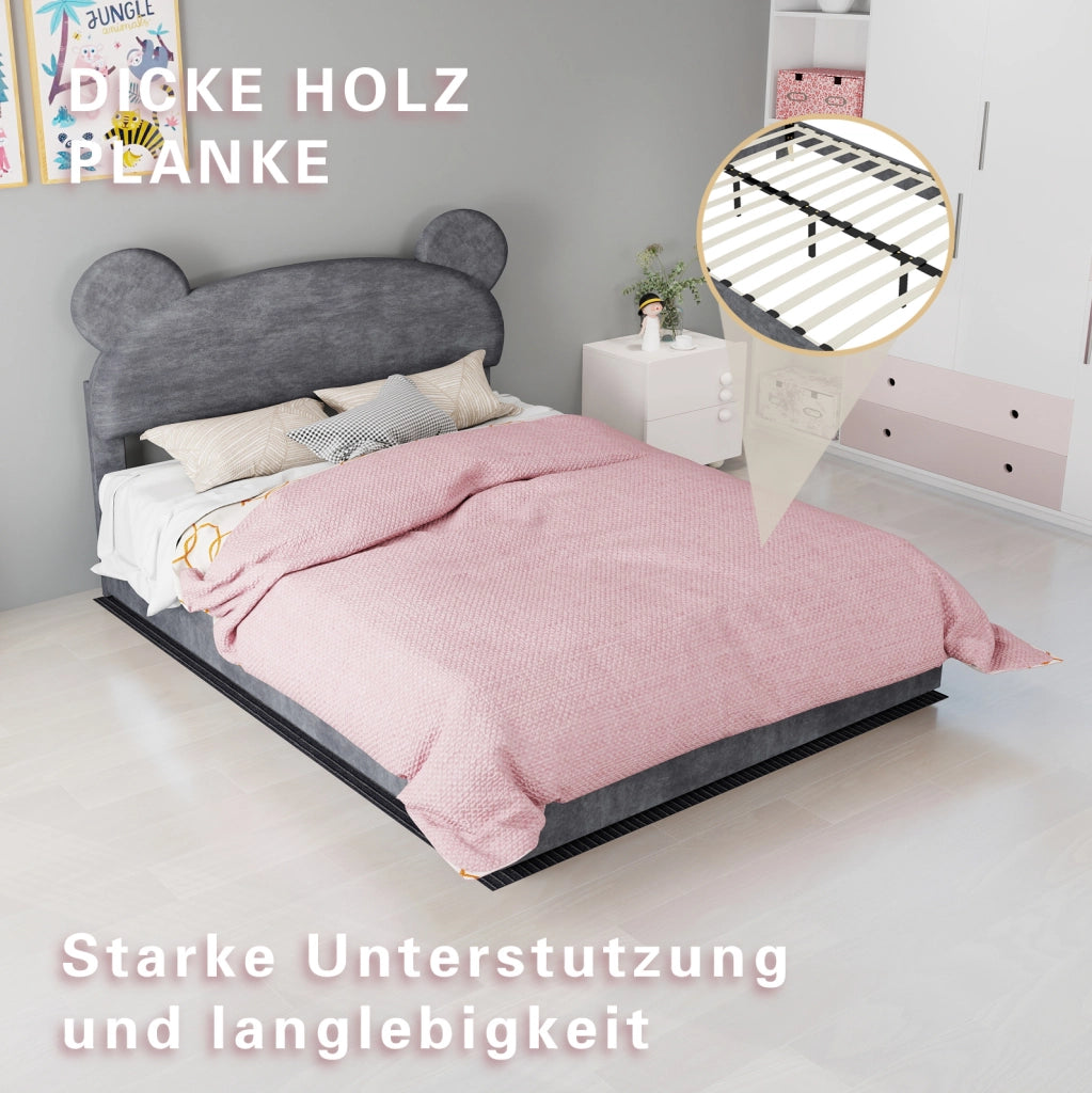 Letto per bambini con contenitore sollevabile e materasso 140x200 cm; velluto grigio