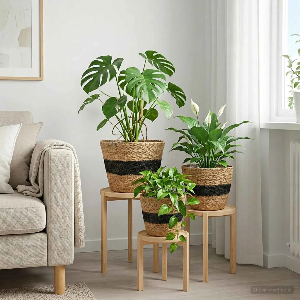 Cesti per piante in erba marina 3 pcs Naturale e Nero