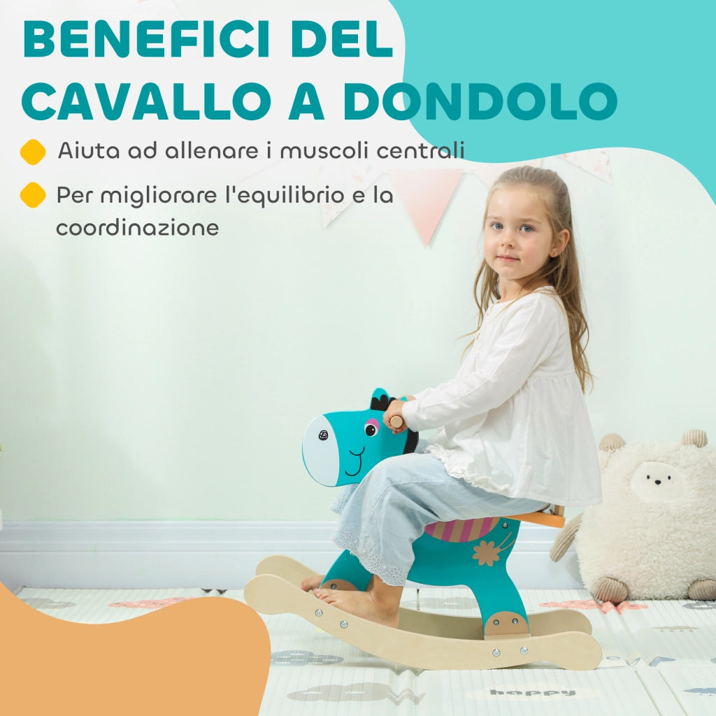 Cavallo a Dondolo Legno per Bambini ¨C zephmum ¨C Verde Scuro e Arancione 59x27x43 cm