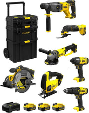 STANLEY FatMax Kit SVK709 (SFMCH900 + SFMCG400 + SFMCD711 + SFMCF800 + SFMCS500 + SFMCS600 + SFMCE500 + 3 Batterie 4,0 Ah + Caricabatteria + Caddy 3in1)