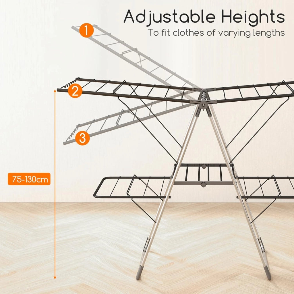 Stendibiancheria pieghevole a 2 livelli, stendibiancheria pieghevole con ali regolabili(75-130 cm), 33 bar, clip utili; telaio in acciaio, essiccatore su piedistallo per interni esterni