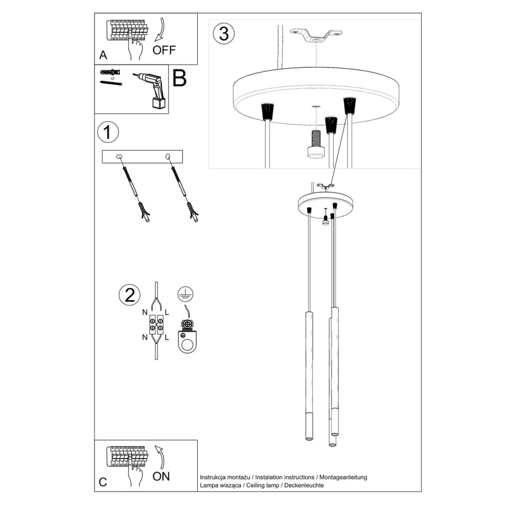 Lampada a sospensione Vitreo 3 luci nero/oro Pure Lume