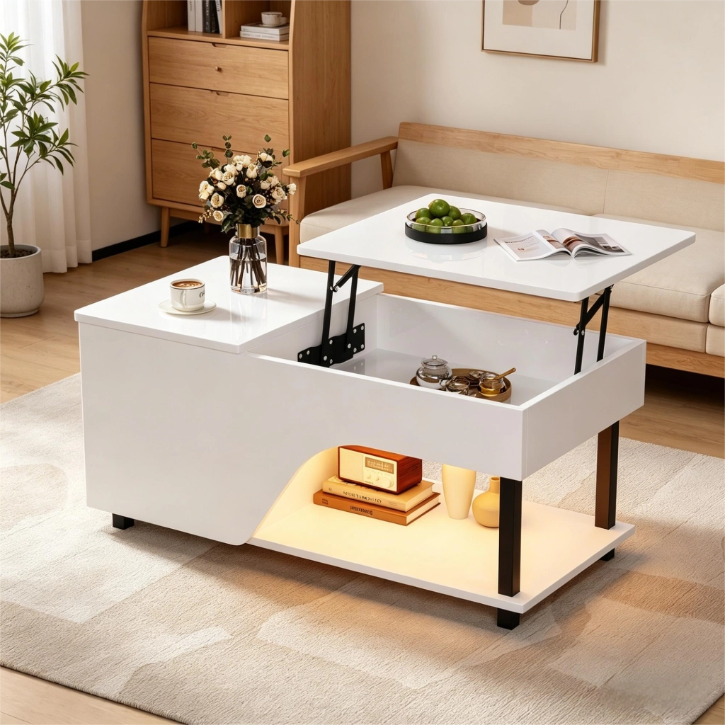 Tavolino basso sollevabile con vano portaoggetti nascosto e ripiani laterali in truciolare bianco 50 × 100 × 46 cm
