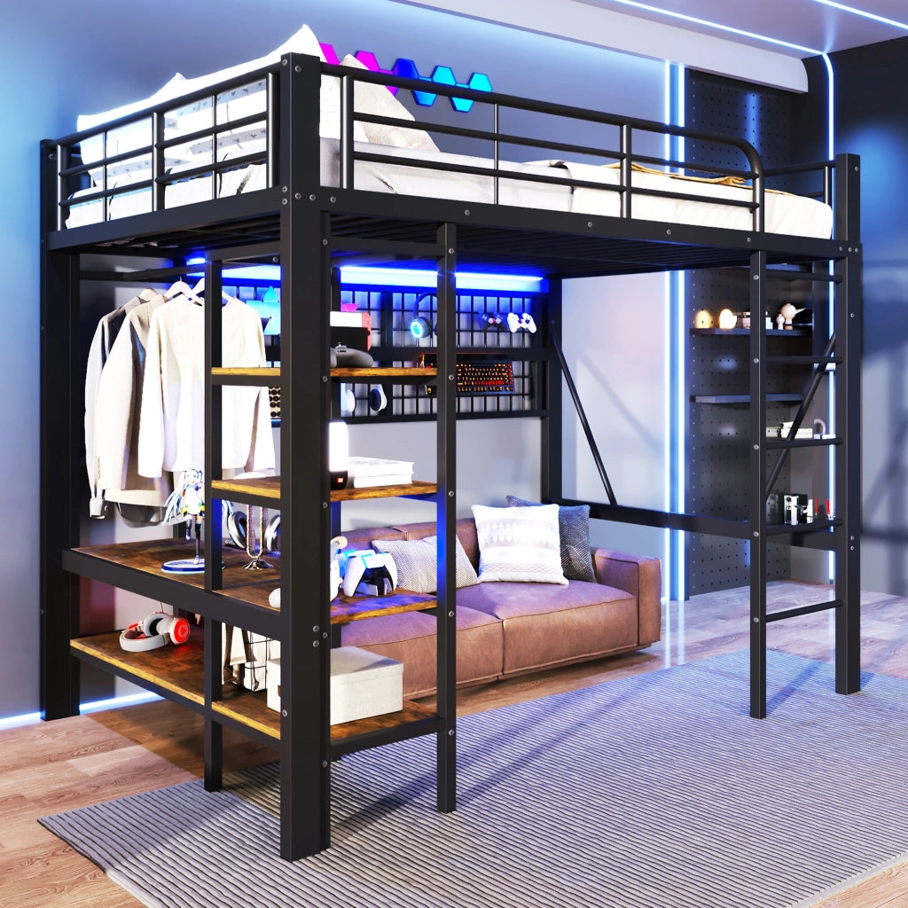 LETTO a soppalco 140x200 cm in Metallo e MDF Nero con LED e vano a giorno