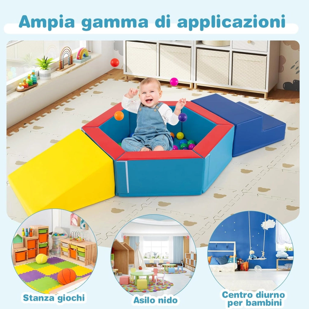 Set di 3 Blocchi da Arrampicata in Schiuma per Bambini, Set Gioco per Interni con Piscina di Palline, Triangolo, Scala e Palline Colorate per Bambini 1+ Anni