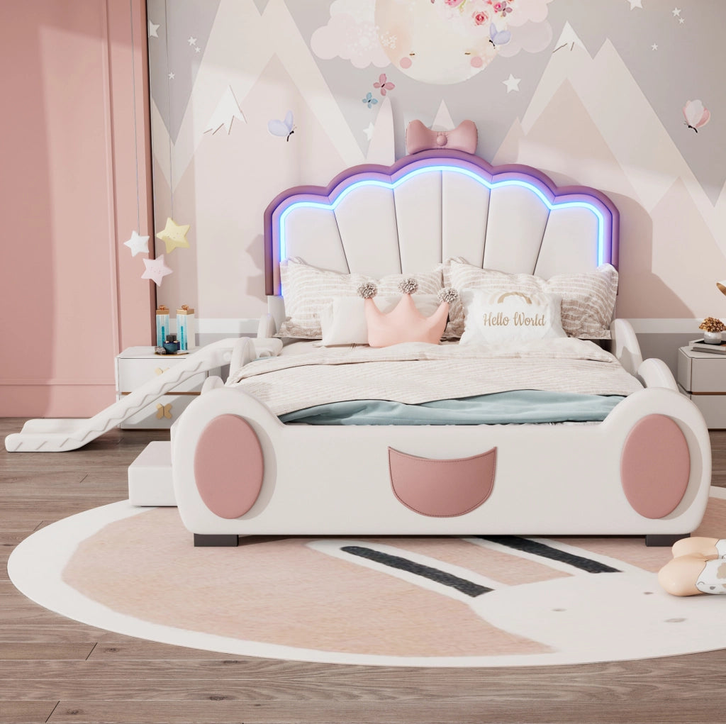 Letto bambino 140x200 cm a forma di farfalla con LED cambiacolore; PU rosa bianco