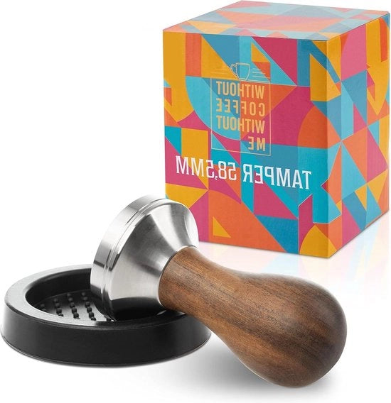 Set di tampi per espresso in acciaio inossidabile con maniglia in legno 585 mm - tampi per un espresso perfetto - inclusa mat mat per tampi - 7 misure
