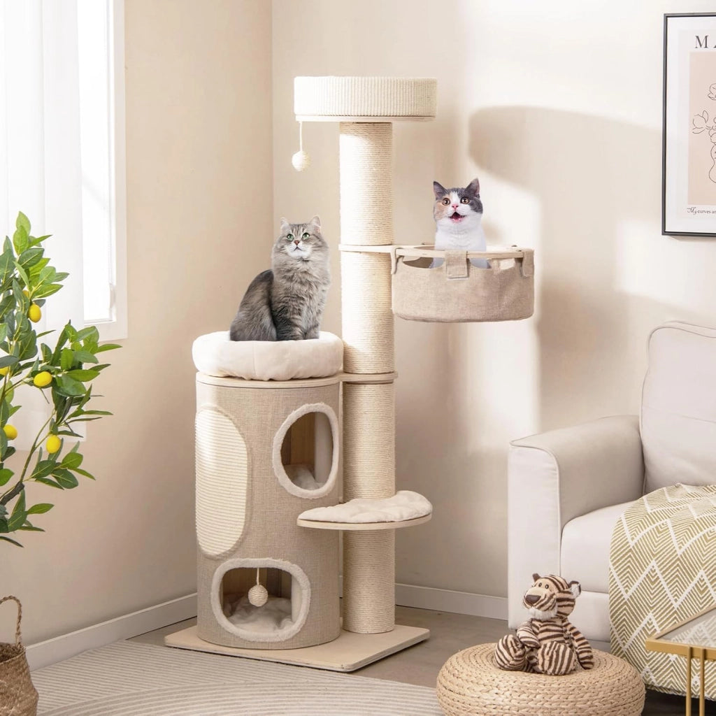 Albero per Gatti da 154 cm, Torre per Gatti Multi-livello con Condominio a 2 Piani, Ampio Piazzale, Tiragraffi in Sisal, Moderno Centro Giochi per Gattini