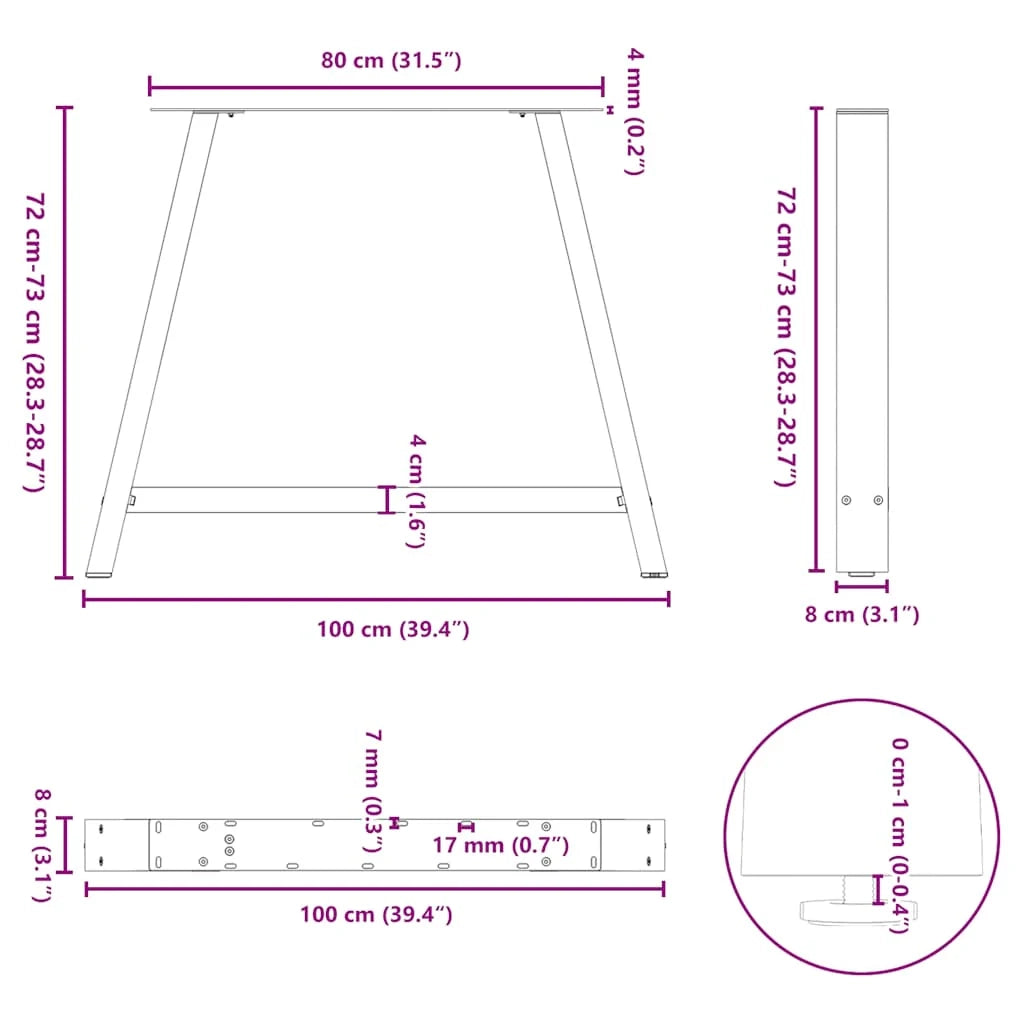 Set di 2 gambe per tavolo da pranzo a forma di A 100 x 72-73 cm design moderno con piedini livellatori in acciaio nero 02_0057143