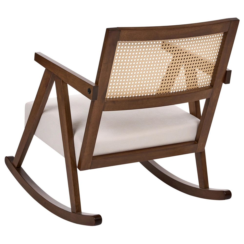 Poltrona a dondolo imbottita con schienale Vienna stile scandinavo struttura in legno di gomma tessuto marrone e beige chiaro