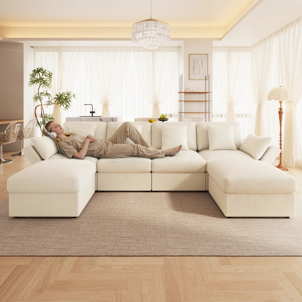 Divano angolare modulare con braccioli regolabili e 2 pouf mobili in tessuto a coste beige 290 × 159,5 × 89 cm