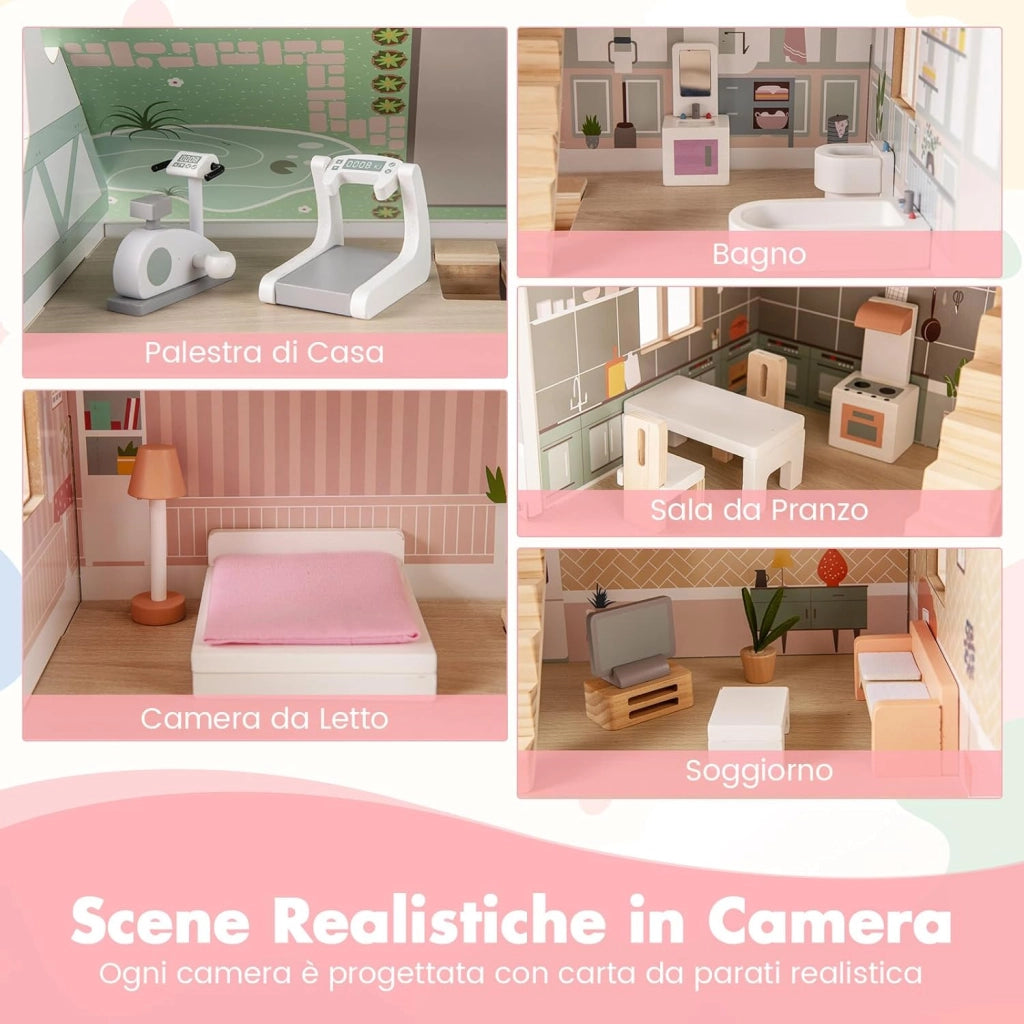 Casa delle Bambole in Legno, Casetta delle Bambole a 3 Piani con Tetti Rimovibili, Porte Apribili, Finestre Squisite 5 Stanze e 19 Accessori, Regalo per Bambini 3+ Anni