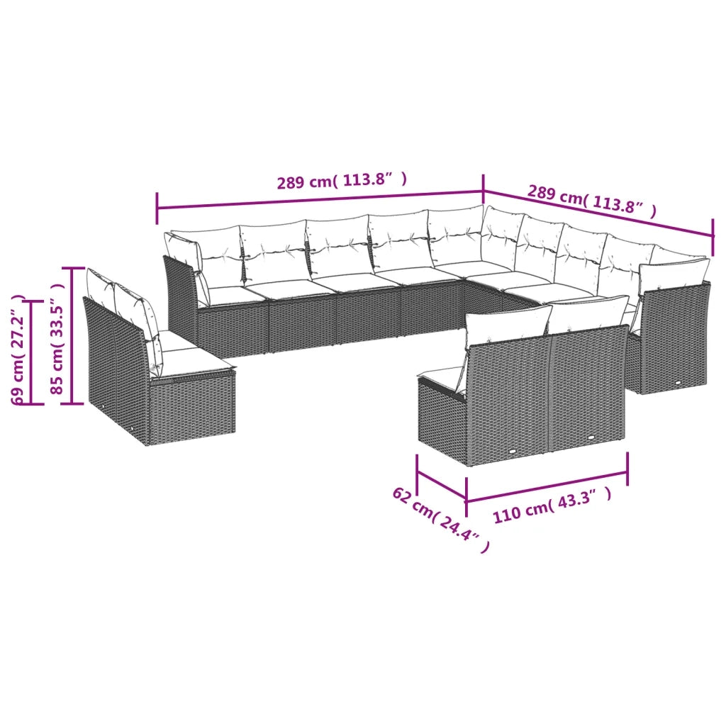 Set Divani da Giardino 13pz con Cuscini Nero in Polyrattan 3218485