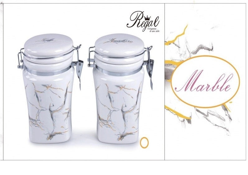 Set 2 Bis Barattoli da Cucina in Ceramica Sale Fino e Sale Grosso Decoro Marble
