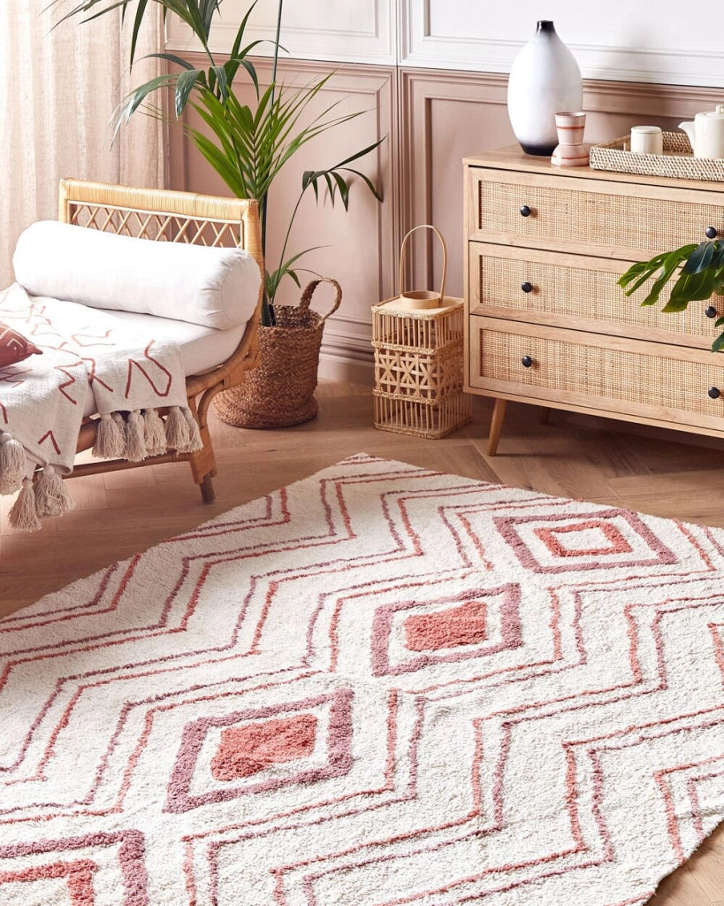 Tappeto cotone trapuntato beige e rosa stile boho 140 x 200 cm soggiorno camera da letto