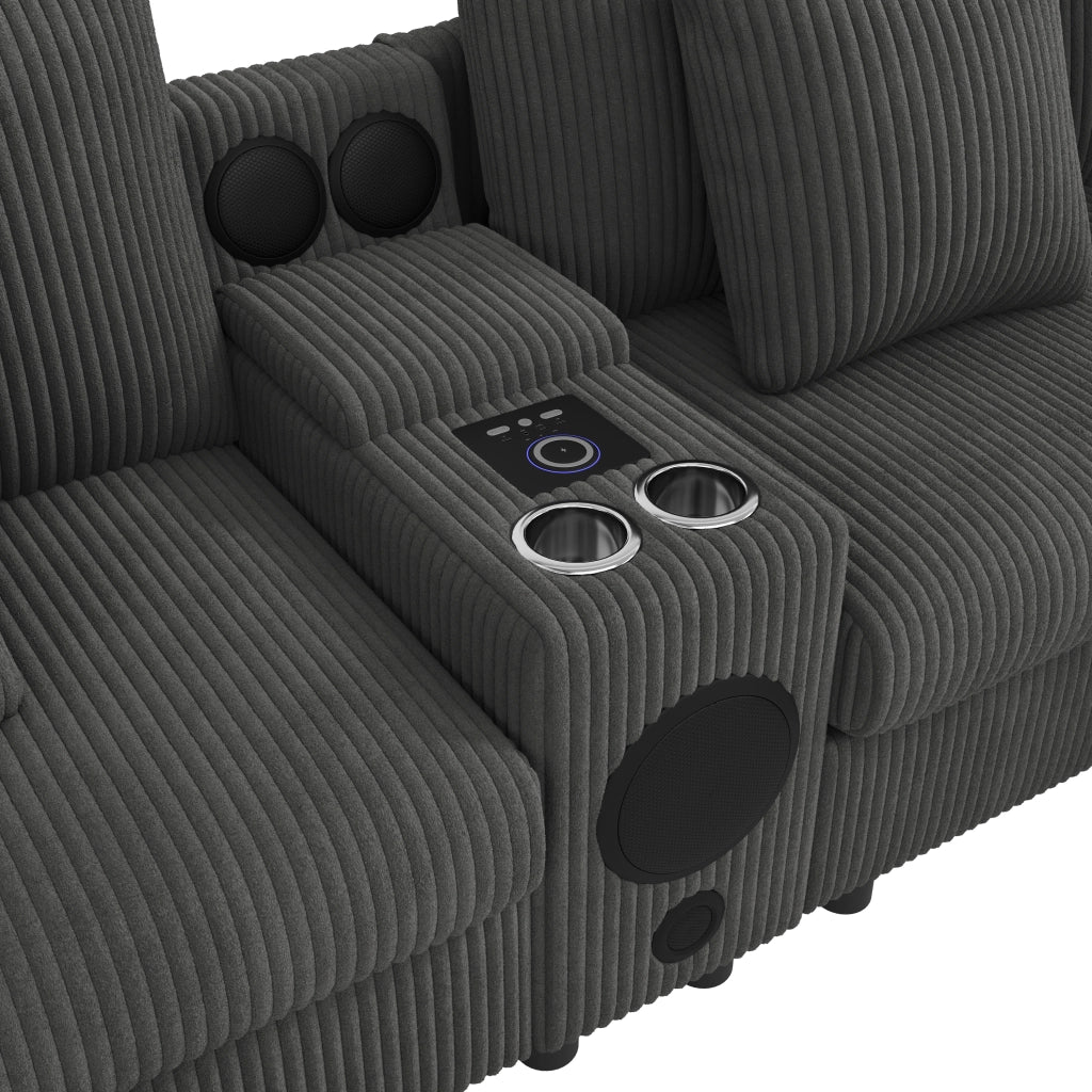 Divano panoramico modulare a 4-6 posti in velluto a coste grigio con console Bluetooth e ricarica wireless